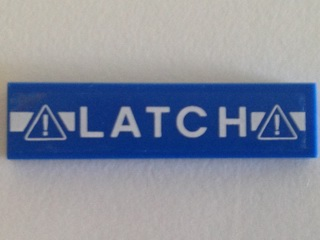 Lego Tile 1 x 4 with White 'LATCH' and Exclamation Marks in Triangles Pattern (Sticker) - Set 70816 / Blue