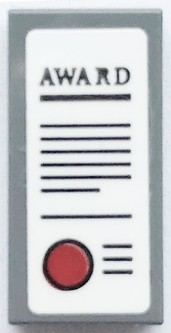 Lego Tile 1 x 2 with 'AWARD', Black Lines and Red Circle Pattern (Sticker) - Set 21336 / Light Bluish Gray