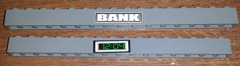 Lego Brick 1 x 16 with White 'BANK' and Green '12:04' Digital Clock on Reverse Pattern (Stickers) - Set 4854 / Dark Bluish Gray