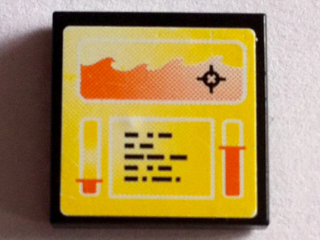 Lego Tile 2 x 2 with Target Screen, Levers and Text Lines on Yellow Background Pattern (Sticker) - Set 8636