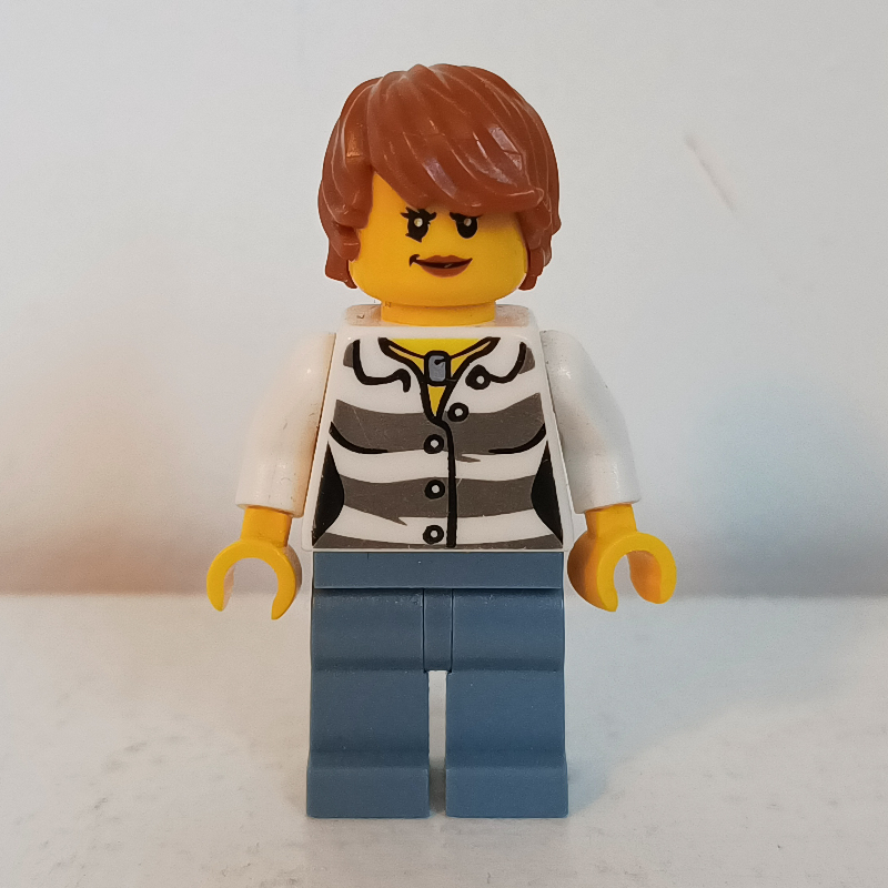 Lego Criminal, Woman, Prison Shirt, Sand Blue Legs, Dark Orange Hair