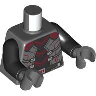 Lego Torso, Armor, Black Chest, Dark Red Lines, Silver Belt Print, Black Arms, Dark Bluish Gray Hands / Dark Bluish Gray