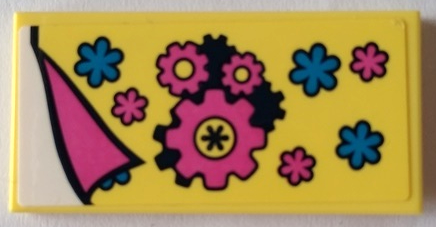 Lego Tile 2 x 4 with Blanket with Dark Pink Gears and Flowers Pattern (Sticker) - Set 41329 / Bright Light Yellow