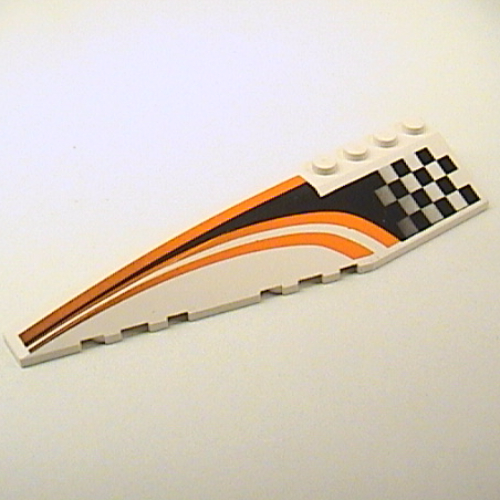 Lego Brick Wedged, Curved 12 x 3 Left with Black and Orange Checkered / Striped Race Print / White