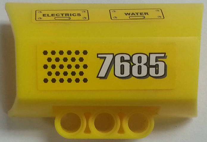 Lego Technic, Panel Engine Block Half / Side Intake with White '7685', Black 'ELECTRICS', 'WATER', and Hexagons Pattern (Sticker) - Set 7685 / Yellow