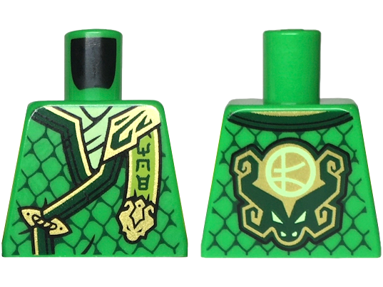 Lego Torso Tunic with Dark Green Hems, Gold Trim, Yellowish Green Shirt, Ninjago Logogram 'MOE', Letter L on Back Pattern / Bright Green