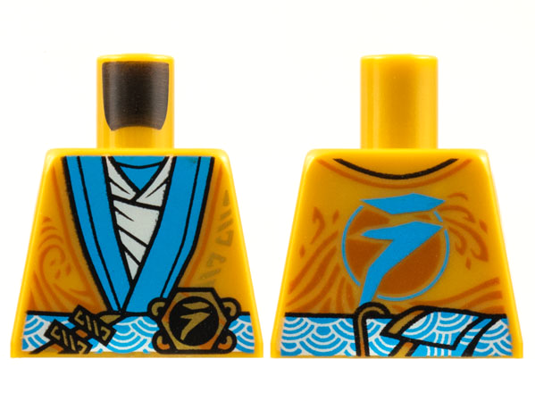 Lego Torso Robe, Dark Azure Hems and Sash, Tan Tunic, Ninjago Logogram Letter N Pattern / Pearl Gold