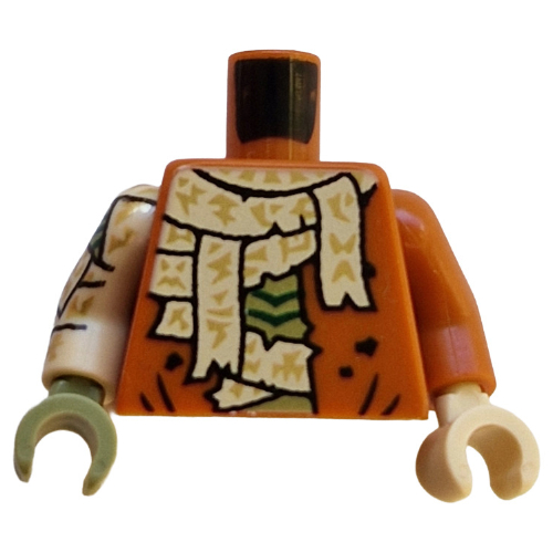 Lego Torso, Odd Arms and Hands, Tan Bandages, Olive Green Scaled Chest print, Left Dark Orange Arm, Tan Hand, Right Tan Arm and Olive Green Hand / Dark Orange