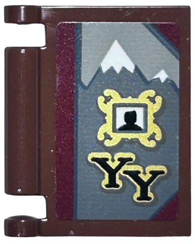 Lego Minifigure, Utensil Book Cover with Snow Covered Mountains, Black Silhouette in Gold Frame and Black 'YY' Pattern (Sticker) - Set 76389 / Reddish Brown