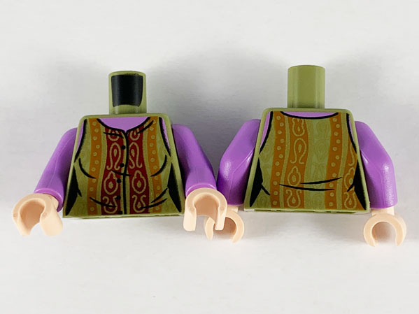 Lego Torso Female Blouse, Ornate Gold, Dark Red and Dark Orange Pattern / Medium Lavender Arms / Light Nougat Hands