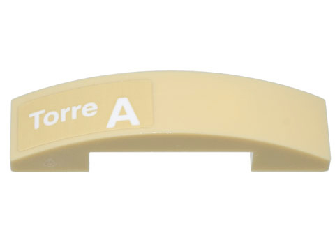 Lego Slope, Curved 4 x 1 x 2/3 Double with White 'Torre A' Pattern Model Right Side (Sticker) - Set 10299 / Tan
