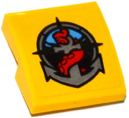 Lego Slope, Curved 2 x 2 x 2/3 with Deep Sea Logo with Silver Anchor and Red Tentacle Pattern (Sticker) - Sets 60093 / 60096 / Yellow