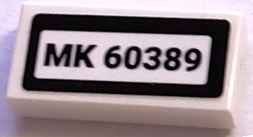 Lego Tile 1 x 2 with 'MK 60389' Pattern (Sticker) - Set 60389 / White