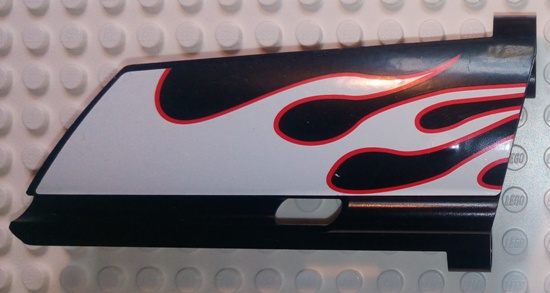 Lego Technic, Panel Fairing #20 Large Long, Small Hole, Side A with White Flames with Red Border Pattern (Sticker) - Set 8682 / Black