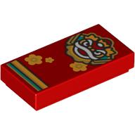 Lego Tile 1 x 2 with Chinese New Year Dragon and Bright Orange Flowers Print / Red