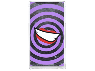 Lego Glass for Window 1 x 4 x 6 with Medium Lavender Swirls and Lopsided Open Mouth Smile with Teeth and Red Lips on Silver Mirrored Background Pattern (Sticker) - Set 76035 / Trans-Clear