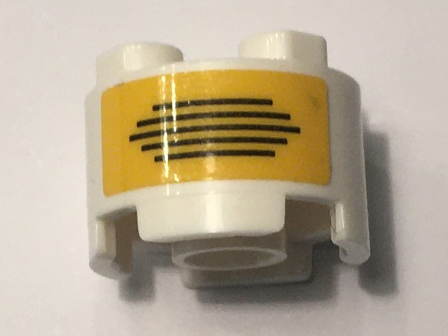 Lego Brick, Round 2 x 2 with Axle Hole with Black Lines on Yellow Background Pattern (Sticker) - Set 10274 / White
