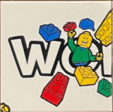 Lego Tile 2 x 2 with LEGO World Logo Left Half, 'WO', Minifigure with Blue Cap, Bricks and Yellow Stud in Corner Pattern