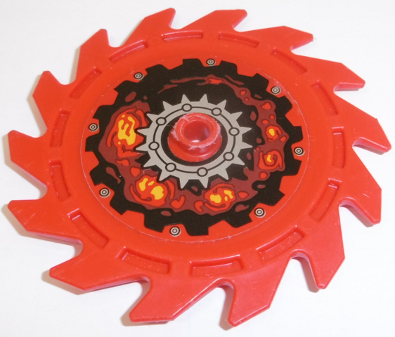 Lego Technic Circular Saw Blade 9 x 9 with Pin Hole and Teeth in Same Direction with Silver Gear, Rivets and Lava Energy Pattern (Sticker) - Set 70323 / Red