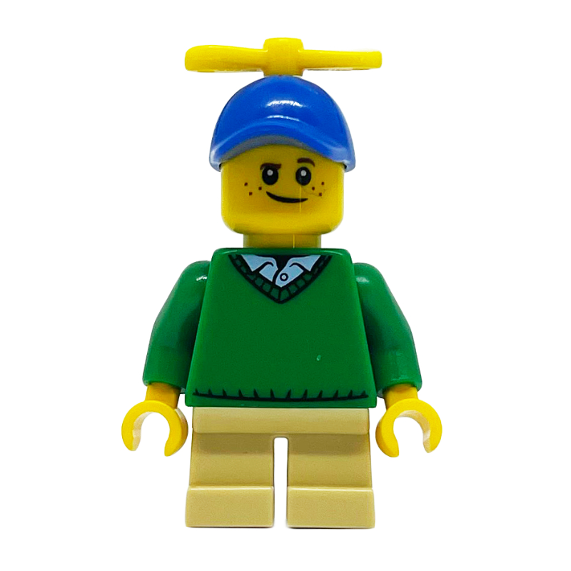 Lego Boy, Green Sweater, Short Tan Legs, Blue Cap with Propeller