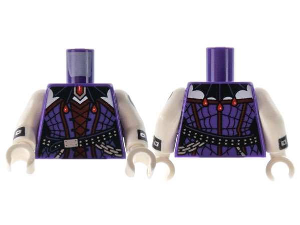 Lego Torso Female Corset, Bat Wing Collar, Dark Red Trim Pattern / White Arms with Black Cuffs, Silver Studs, Heart Tattoo with Fangs Pattern / White Hands