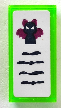 Lego Tile 1 x 2 with Black Bat and Writing on White Background Pattern (Sticker) - Set 41194 / Trans-Bright Green