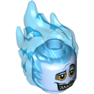Lego Minifig Head Special with Trans-Light Blue Flames, Orange Eyes, Raised Left Eyebrow, Large Grin Print (Hades) / Bright Light Blue