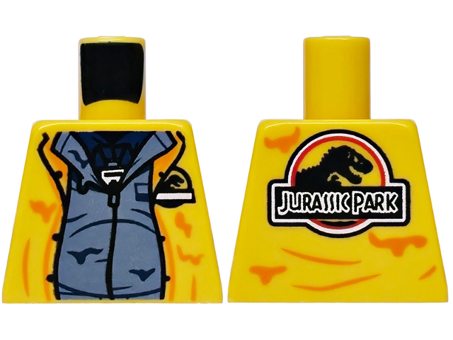 Lego Torso Vest Open with Orange Marks and Creases over Sand Blue Shirt and Dark Blue Undershirt, ID Badge, Jurassic Park Logo Pattern / Yellow