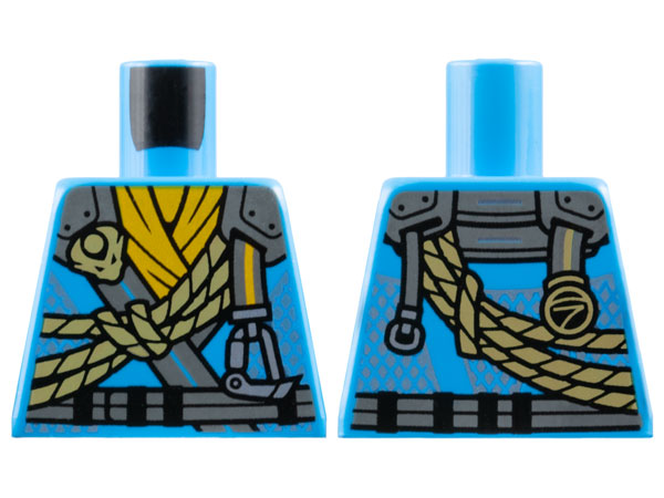 Lego Torso Tunic with Dark Bluish Gray Shoulders, Bright Light Orange Scarf, Gold Dragon Head and Ropes and Silver Carabiner Pattern / Dark Azure