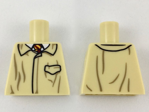 Lego Torso Closed Jacket with Pocket, Collar and Dark Tan Wrinkles over White Shirt, Dark Red and Bright Light Orange Tie Pattern / Tan