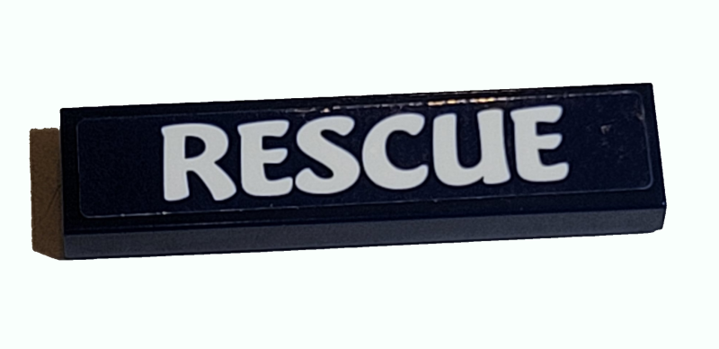 Lego Tile 1 x 4 with White 'RESCUE' Pattern (Sticker) - Set 41380 / Dark Blue