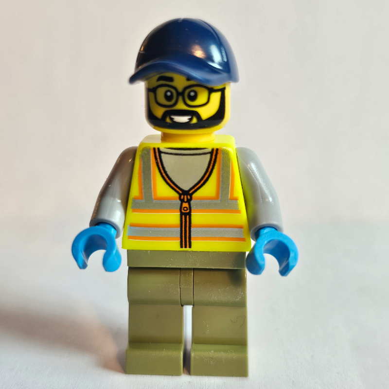 Lego Dusty Broomer, Construction Worker, Vibrant Yellow Safety Vest, Olive Green Legs, Dark Blue Cap