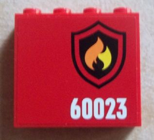 Lego Panel 1 x 4 x 3 with Side Supports - Hollow Studs with Black and Yellow Fire Logo Badge and '60023' Pattern Model Right (Sticker) - Set 60023 / Red