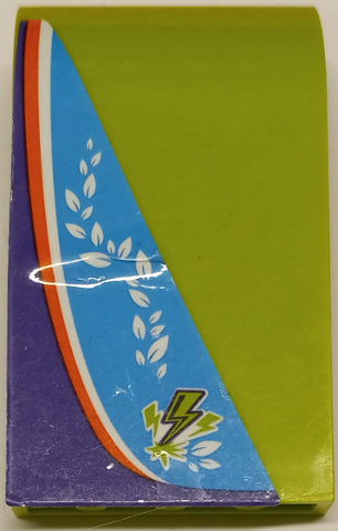 Lego Panel 3 x 4 x 6 Curved Top with Lime Lightning Bolts, Leaves, Orange and White Stripes on Dark Azure and Dark Purple Background Pattern Model Right Side (Sticker) – Set 41371 / Lime