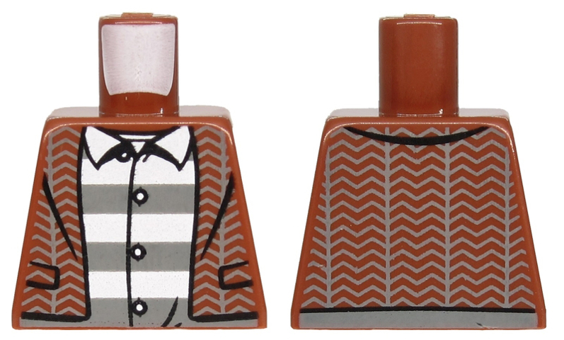Lego Torso Tweed Jacket Open over Gray and White Striped Shirt with 3 Buttons Pattern / Reddish Brown