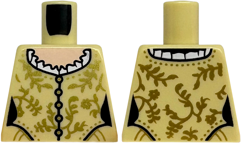 Lego Torso Female Dress with Gold Buttons, Flowers and Leaves, White Collar with Ruffles, Light Nougat Neck Pattern / Tan