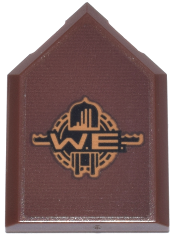 Lego Tile, Modified 2 x 3 Pentagonal with Black and Medium Nougat 'W .E.' Wayne Enterprises Logo Pattern (Sticker) - Set 76271 / Reddish Brown