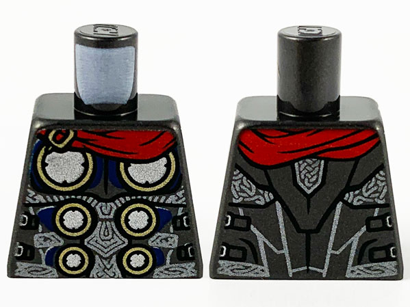Lego Torso Armor with 6 Gold and Silver Circles, Dark Blue and Dark Silver Trim, Red Cape with Slide Pattern / Pearl Dark Gray