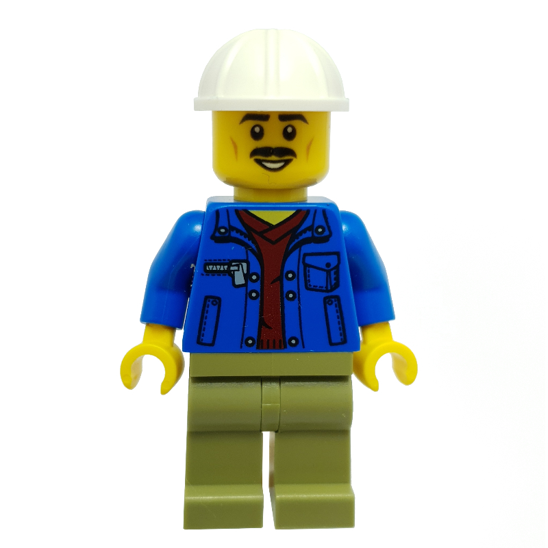 Lego Construction Worker, Blue Jacket, Olive Green Legs, White Hard Hat, Moustache