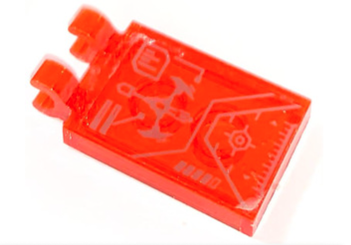 Lego Tile, Modified 2 x 3 with 2 Open O Clips with Silver Nexo Knights Head-Up Display (HUD) with Control Panel Pattern (Sticker) - Set 70361 / Trans-Neon Orange