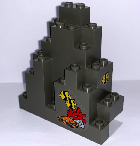 Lego Rock Panel 3 x 8 x 7 Triangular (LURP) with 3 Fish, Coral and Crab Pattern (Stickers) - Set 6560 / Dark Gray