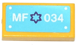 Lego Tile 1 x 2 with Dark Purple Star / Flower and 'MF 034' Pattern (Sticker) - Set 41034 / Yellow