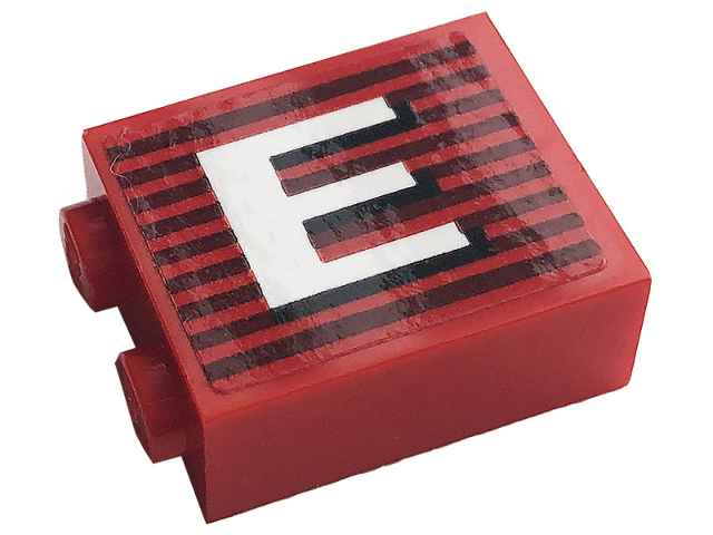 Lego Brick 1 x 2 x 2 with Inside Stud Holder with Gray Stripes and White Capital Letter E Pattern Model Left Side (Sticker) - Set 10272