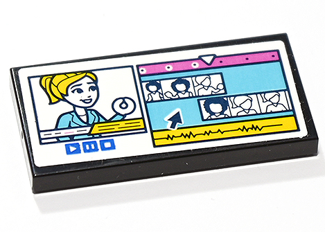 Lego Tile 2 x 4 with White Computer Screen with Video Editing Software, Blue Play, Pause and Stop Buttons, Dark Pink Timeline, Yellow Audio Track and Female Character Pattern (Sticker) - Set 41748