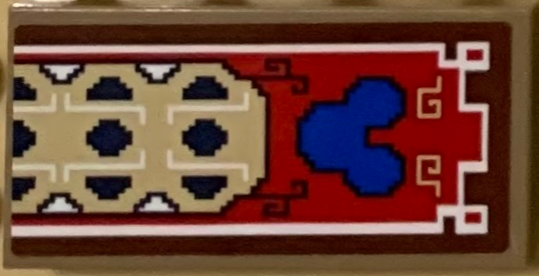 Lego Tile 2 x 4 with Blue Mickey Mouse Head on Red, Reddish Brown and Tan Decorative Rug Pattern (Sticker) - Set 71044 / Dark Tan