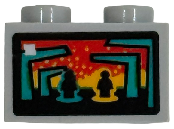 Lego Brick 1 x 2 with TV Screen with Video Game Characters and Dark Turquoise Columns on Red and Bright Light Orange Lava Background Pattern (Sticker) - Set 76451