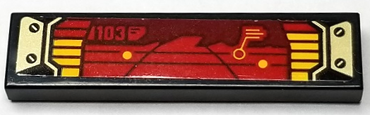 Lego Tile 1 x 4 with Gold Plates, Display Screen with Dark Red, Red and Yellow Tactical Map and '103' Pattern (Sticker) - Set 70677 / Black