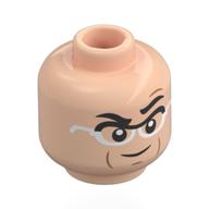 Lego Minifig Head Mr. 3, Thick Black Eyebrows, White/Black Glasses, Mean Smile / Worried / Light Nougat