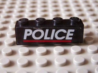 Lego Brick 1 x 4 with White 'POLICE' Red Line on Black Background Pattern (Sticker) - Set 6598 / Black