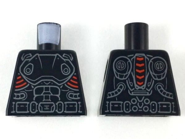 Lego Torso Armor with Dark Bluish Gray Gear and Belt Outlines, Red Curves at Sides Pattern / Black